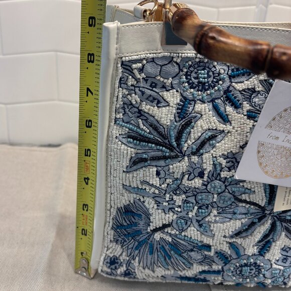 Viral Beaded Satchel bag w/ Bamboo Handles - Made in India - Blue and White - Picture 9 of 12